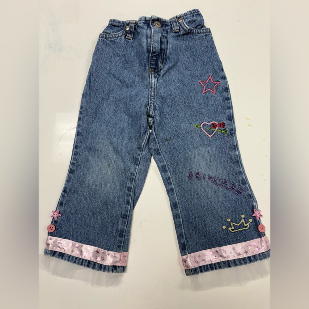 Embroidered Blue Jeans with Pink & White added embellishments, size 24 months